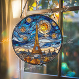 Eiffel Tower Stained Glass Suncatcher, Round Paris Skyline Window Panel with Starry Night Sky, Travel Cityscape Home Decor