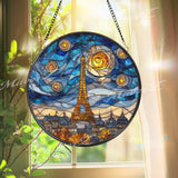 Eiffel Tower Stained Glass Suncatcher, Round Paris Skyline Window Panel with Starry Night Sky, Travel Cityscape Home Decor