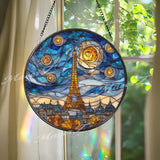 Eiffel Tower Stained Glass Suncatcher, Round Paris Skyline Window Panel with Starry Night Sky, Travel Cityscape Home Decor