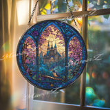 Enchanted Castle Stained Glass Suncatcher, Round Gothic Window Panel with Bird and Blossoms, Fantasy Fairytale Home Decor