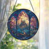 Enchanted Castle Stained Glass Suncatcher, Round Gothic Window Panel with Bird and Blossoms, Fantasy Fairytale Home Decor