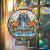Garden Fountain Stained Glass Suncatcher, Round Waterfall Window Panel with Red Tulips, Nature Landscape Home Decor Gift