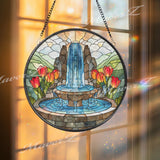 Garden Fountain Stained Glass Suncatcher, Round Waterfall Window Panel with Red Tulips, Nature Landscape Home Decor Gift