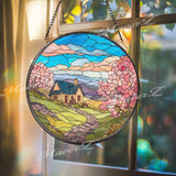 Cottage Landscape Stained Glass Suncatcher, Round Countryside Window Panel with Blossoms and Hills, Spring Home Decor Gift