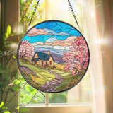 Cottage Landscape Stained Glass Suncatcher, Round Countryside Window Panel with Blossoms and Hills, Spring Home Decor Gift