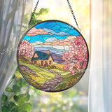 Cottage Landscape Stained Glass Suncatcher, Round Countryside Window Panel with Blossoms and Hills, Spring Home Decor Gift