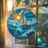 Sailboat Ocean Stained Glass Suncatcher, Round Sea Waves Window Panel with Sun and Clouds, Nautical Coastal Home Decor