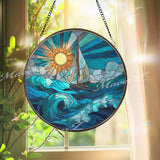 Sailboat Ocean Stained Glass Suncatcher, Round Sea Waves Window Panel with Sun and Clouds, Nautical Coastal Home Decor
