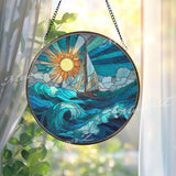 Sailboat Ocean Stained Glass Suncatcher, Round Sea Waves Window Panel with Sun and Clouds, Nautical Coastal Home Decor