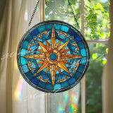 Nautical Compass Stained Glass Suncatcher, Round Blue and Gold Window Panel, Maritime Navigation Rose Home Decor Gift