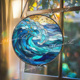 Ocean Wave Stained Glass Suncatcher, Round Blue Sea Window Panel with Stars and Gold Accents, Coastal Nautical Home Decor