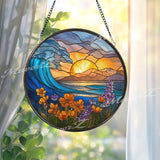Sunset Wave Stained Glass Suncatcher, Round Ocean Window Panel with Flowers and Mountains, Coastal Nature Home Decor Gift
