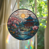 Japanese Temple Stained Glass Suncatcher, Round Zen Garden Window Panel with Cherry Blossoms and Sunset, Tranquil Home Decor