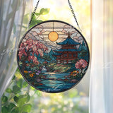 Japanese Temple Stained Glass Suncatcher, Round Zen Garden Window Panel with Cherry Blossoms and Sunset, Tranquil Home Decor