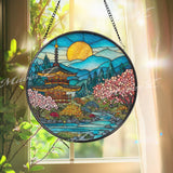 Pagoda Garden Stained Glass Suncatcher, Round Japanese Temple Window Panel with Cherry Blossoms and River, Zen Home Decor