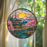 Japanese Pagoda Stained Glass Suncatcher, Round Temple Window Panel with Cherry Blossoms and River, Zen Nature Home Decor