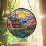 Japanese Pagoda Stained Glass Suncatcher, Round Temple Window Panel with Cherry Blossoms and River, Zen Nature Home Decor