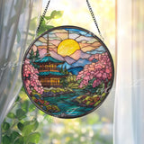 Japanese Pagoda Stained Glass Suncatcher, Round Temple Window Panel with Cherry Blossoms and River, Zen Nature Home Decor