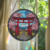 Torii Gate Stained Glass Suncatcher, Round Japanese Window Panel with Cherry Blossoms and Mount Fuji, Zen Nature Home Decor
