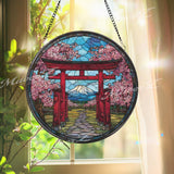 Torii Gate Stained Glass Suncatcher, Round Japanese Window Panel with Cherry Blossoms and Mount Fuji, Zen Nature Home Decor