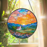 Sunrise Church Stained Glass Suncatcher, Round Mountain Window Panel with Floral Field and Golden Sky, Faith Home Decor Gift