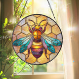 Bee Stained Glass Suncatcher, Honeycomb Window Decor, Colorful Bee Sun Catcher, Nature Lover Gift, Garden Window Hanging Art