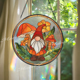Gnome Stained Glass Suncatcher, Mushroom Garden Window Art, Whimsical Sun Catcher, Fairy Cottage Decor, Handmade Nature Gift