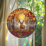 Deer Stained Glass Suncatcher, Autumn Forest Window Art, Woodland Sun Catcher, Nature Glass Decor, Rustic Cabin Gift, Fall Home Decor