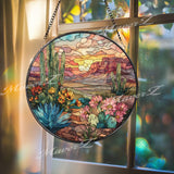 Desert Cactus Stained Glass Suncatcher, Sunset Landscape Window Art, Southwestern Sun Catcher, Nature Glass Decor, Boho Home Gift