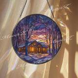 Winter Cabin Stained Glass Suncatcher, Snowy Forest Window Art, Cozy Home Sun Catcher, Rustic Glass Decor, Holiday Gift for Nature Lover