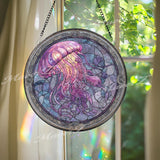 Jellyfish Stained Glass Suncatcher, Ocean Window Art, Marine Life Sun Catcher, Purple Sea Glass Decor, Beach Lover Gift, Nautical Home