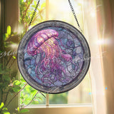 Jellyfish Stained Glass Suncatcher, Ocean Window Art, Marine Life Sun Catcher, Purple Sea Glass Decor, Beach Lover Gift, Nautical Home