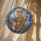 Elven Goddess Stained Glass Suncatcher, Fantasy Moon Art, Golden Elf Window Hanging, Mythical Deer Design, Magical Gift Decor