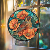 Bird and Poppy Stained Glass Suncatcher, Floral Window Art, Nature Glass Decor, Orange Flower Design, Garden Lover Gift