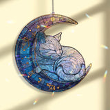Celestial Cat Acrylic Suncatcher, Sleeping Kitten on Moon Window Hanging, Galaxy Night Sky Art, Cosmic Acrylic Home Decor Gift