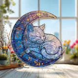 Celestial Cat Acrylic Suncatcher, Sleeping Kitten on Moon Window Hanging, Galaxy Night Sky Art, Cosmic Acrylic Home Decor Gift