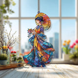 Oriental Lady Acrylic Suncatcher, Asian Woman with Parasol Window Hanging, Blue Gold Kimono Art, Elegant Acrylic Home Decor Gift