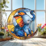 Baby Elephant on Moon Acrylic Suncatcher, Blue and Gold Animal Window Hanging, Nursery Decor, Cute Acrylic Gift for Kids Room