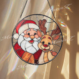 Santa and Reindeer Stained Glass Suncatcher, Round Christmas Window Panel, Festive Holiday Art Gift for Winter Home Decor