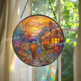Elderly Couple Cottage Stained Glass Suncatcher, Round Sunset Garden Window Panel, Romantic Nature Art Gift for Home Decor