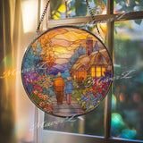 Elderly Couple Cottage Stained Glass Suncatcher, Round Sunset Garden Window Panel, Romantic Nature Art Gift for Home Decor