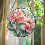 Peony Flower Stained Glass Suncatcher, Round Floral Window Panel, Pink Blossom Art Gift for Nature Lover Home Decor