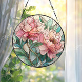 Peony Flower Stained Glass Suncatcher, Round Floral Window Panel, Pink Blossom Art Gift for Nature Lover Home Decor