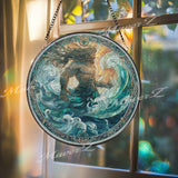 Poseidon Stained Glass Suncatcher, Round Ocean God Window Panel, Mythology Sea Wave Art Gift for Nautical Home Decor