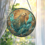 Sea Otter Stained Glass Suncatcher, Round Ocean Animal Window Panel, Marine Life Art Gift for Coastal or Nautical Home Decor