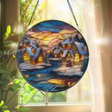 Winter Village Stained Glass Suncatcher, Round Snowy Cottage Window Panel, Christmas Landscape Art Gift for Cozy Holiday Home