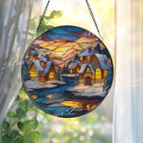 Winter Village Stained Glass Suncatcher, Round Snowy Cottage Window Panel, Christmas Landscape Art Gift for Cozy Holiday Home
