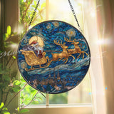 Santa Sleigh Stained Glass Suncatcher, Round Starry Night Window Panel, Christmas Reindeer Art Gift for Holiday Home Decor