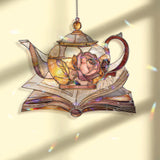 Teapot and Book Acrylic Suncatcher, Rose Floral Window Decor, Stained Glass Style Tea Lover Gift for Cozy Reading Home