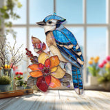 Blue Jay Acrylic Suncatcher, Colorful Bird and Flower Window Decor, Stained Glass Style Nature Art Gift for Bird Lover Home